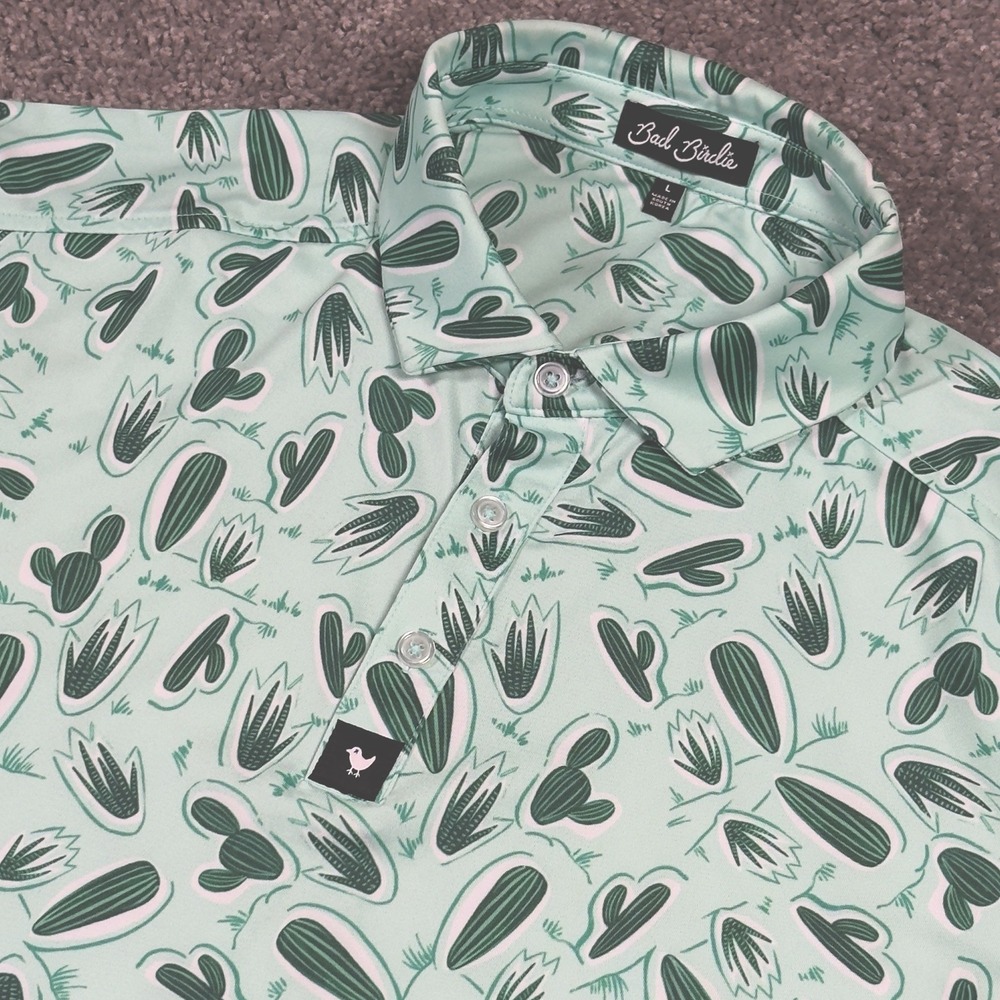Bad Birdie Polo Shirt Mens Large Golf Performance Stretch All Over Print Cactus